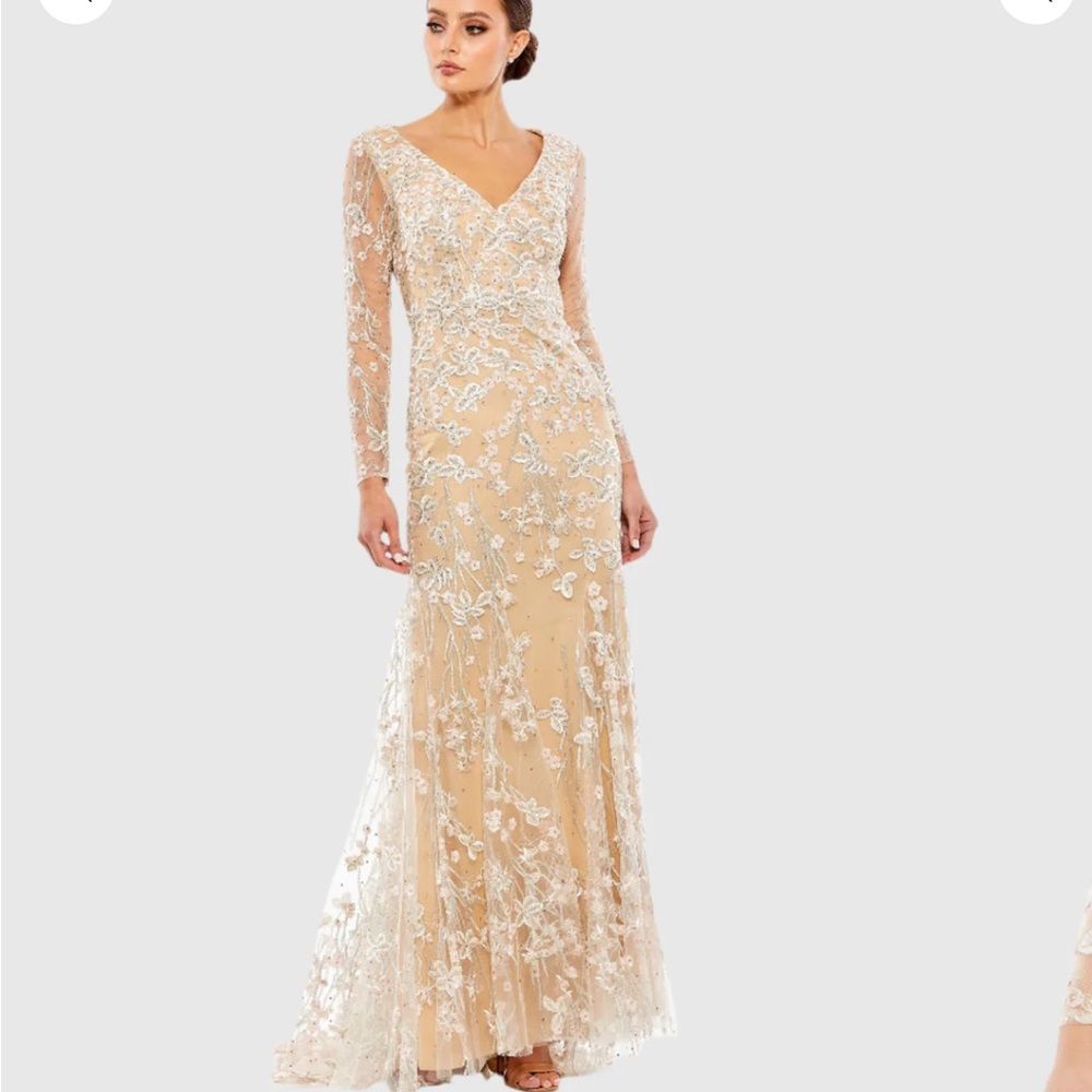 Mac Duggal Long Sleeve Lace Gown in Cream and White